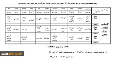 برنامه امتحانات پایان نیمسال اول سال تحصیلی 95-1394 دوره های کارشناسی ناپیوسته مرکز آموزش عالی شهید رجایی تربت حیدریه