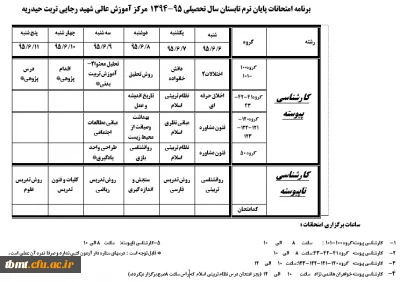برنامه امتحانات پایان ترم تابستان سال تحصیلی 95-1394  مرکز آموزش عالی شهید رجایی تربت حیدریه