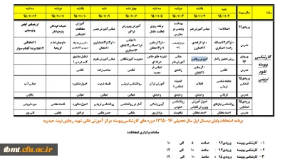 برنامه امتحانات پایان نیمسال اول سال تحصیلی 96-1395 دوره های کارشناسی پیوسته مرکز آموزش عالی شهید رجایی تربت حیدریه