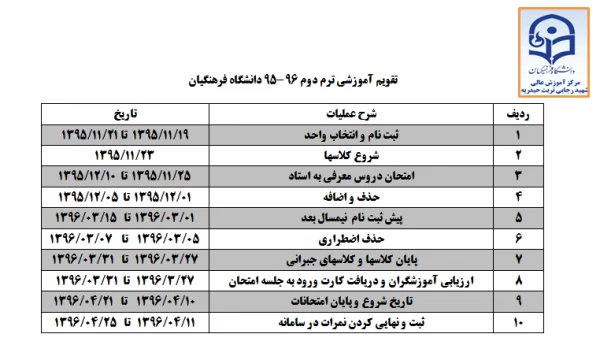 تقویم آموزشی ترم دوم 96-95