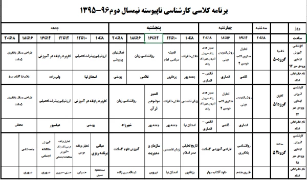 برنامه کلاسی کارشناسی ناپیوسته ترم دوم 96-95