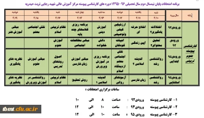 برنامه امتحانات پایان نیمسال دوم سال تحصیلی 96-1395 دوره های کارشناسی پیوسته مرکز آموزش عالی شهید رجایی تربت حیدریه