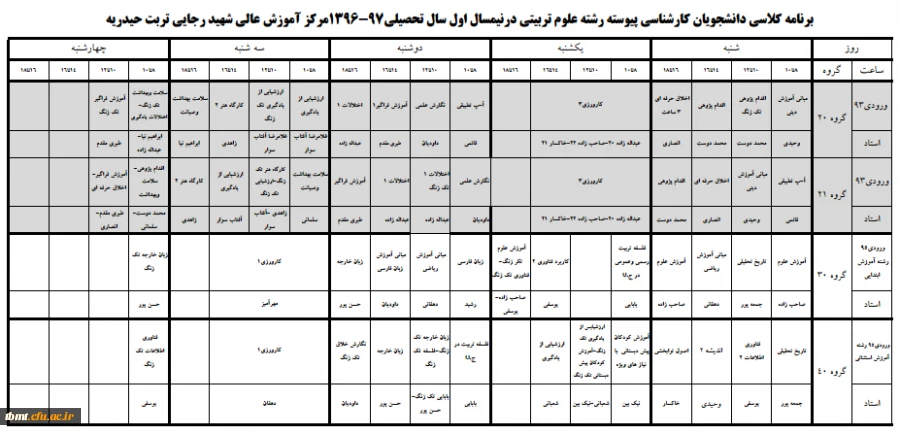 برنامه کلاسی کارشناسی پیوسته