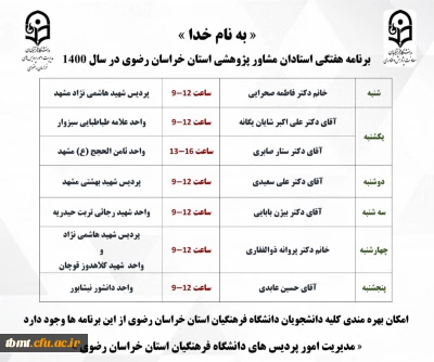 برنامه اجرایی استادان مشاور پژوهشی دانشگاه فرهنگیان خراسان رضوی استان خراسان رضوی