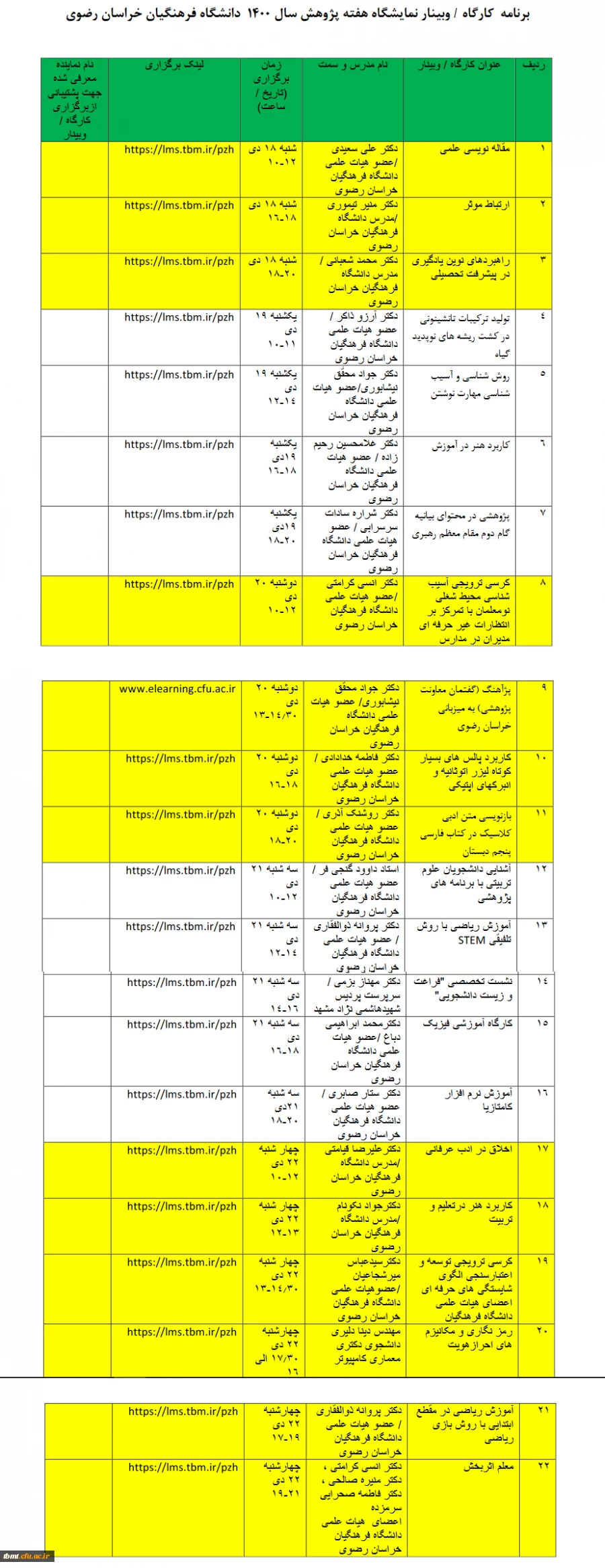 برنامه کارگاه، وبینار نمایشگاه هفته پژوهش سال  1400دانشگاه فرهنگیان خراسان رضوی 2
